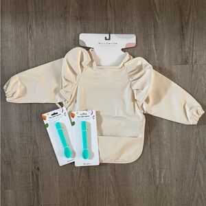 Cream Ruffle Long-Sleeve Bib/Smock with Teal Feeding Spoons